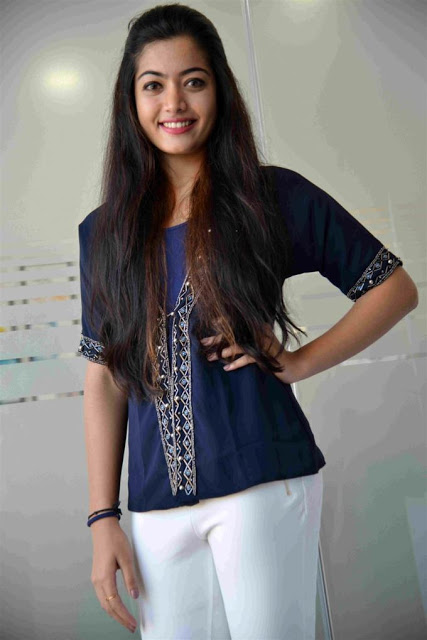 Hot Actress Rashmika Mandanna Long Hair In Blue Top Tight White Pant 19
